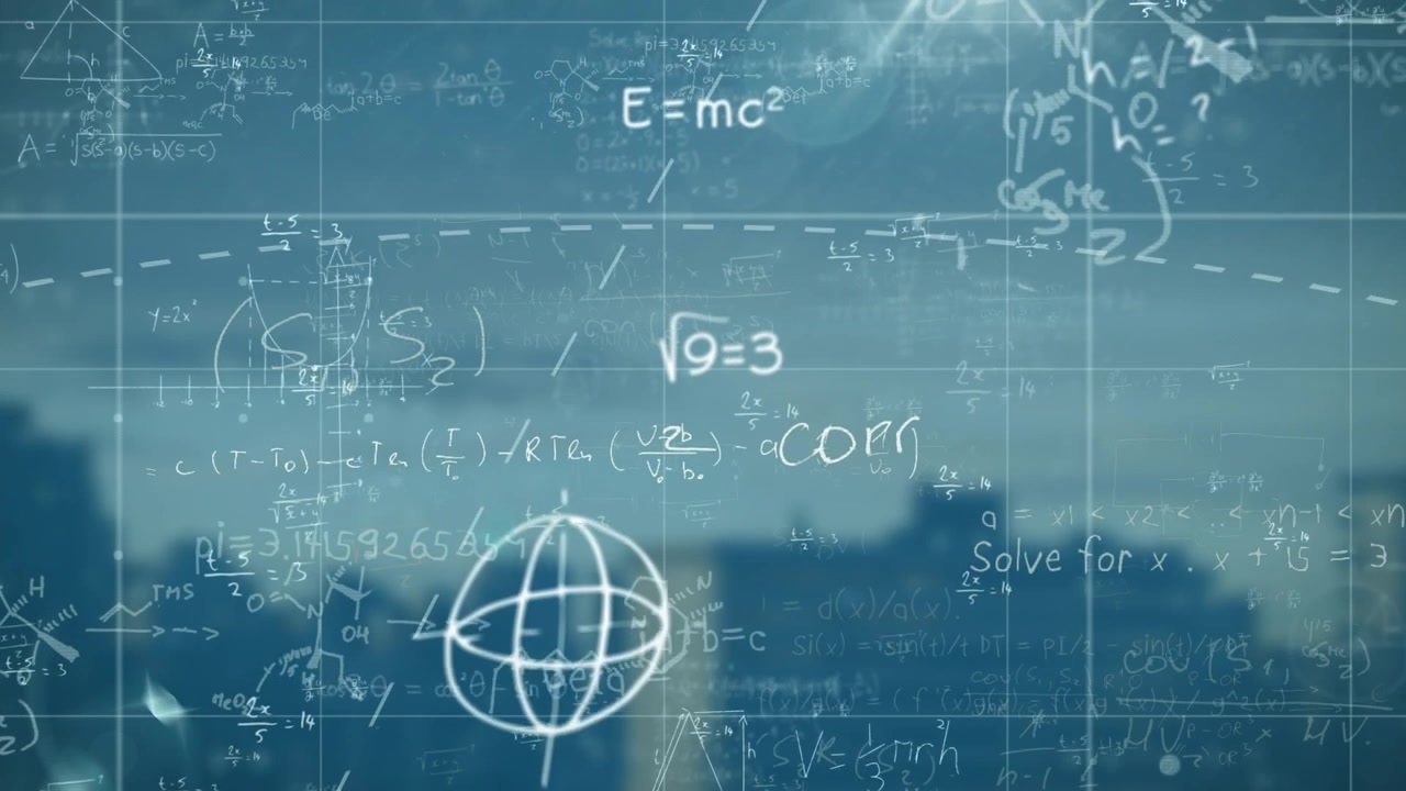 Sliding translucent grid starting rotating 3D sphere and drifting formulas showing math concepts