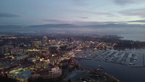 wide-drone-shot-of-kelowna-city-on-Okanogan-lake-with-sunset