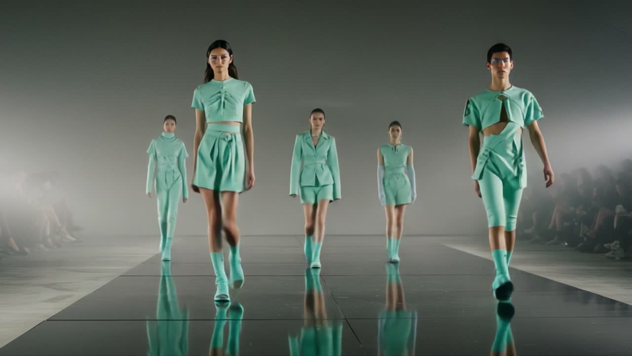 High Fashion Runway Showcase Featuring Elegant Mint Green Attire, Highlighting Innovative Designs and Talented Models During a Striking Contemporary Fashion Event