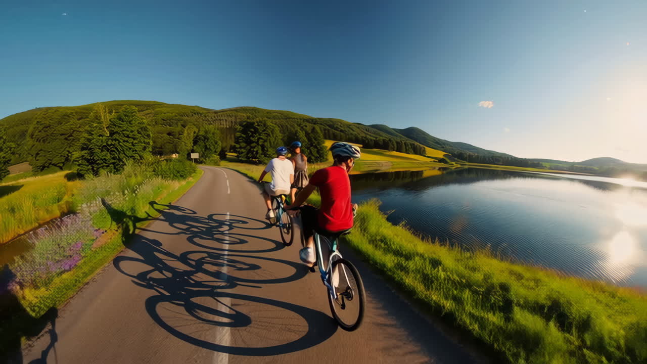 Friends Cycling on a Scenic Country Road by a Lake