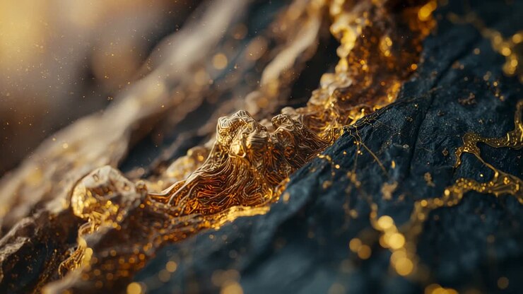 Emerging molten filaments pulsing and weaving on dark rock, with glowing particles, crystal strands