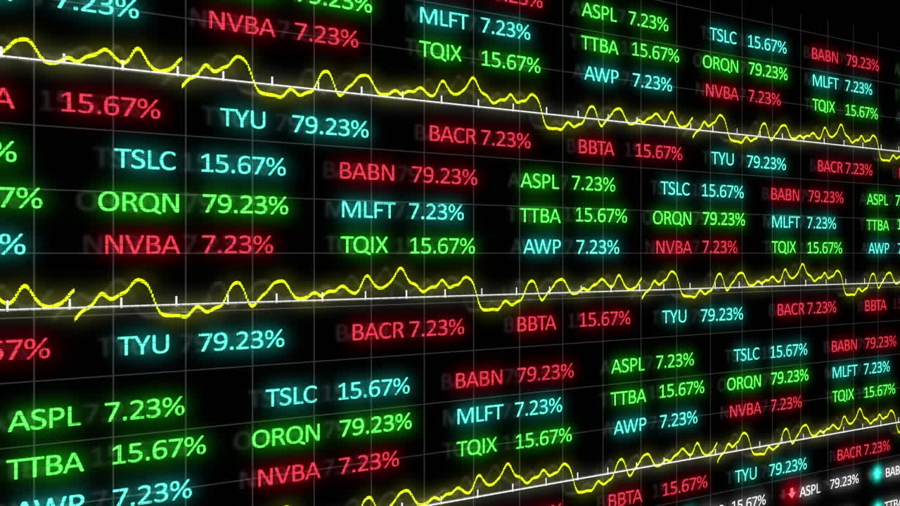 Digital animation of stock market data processing against black background