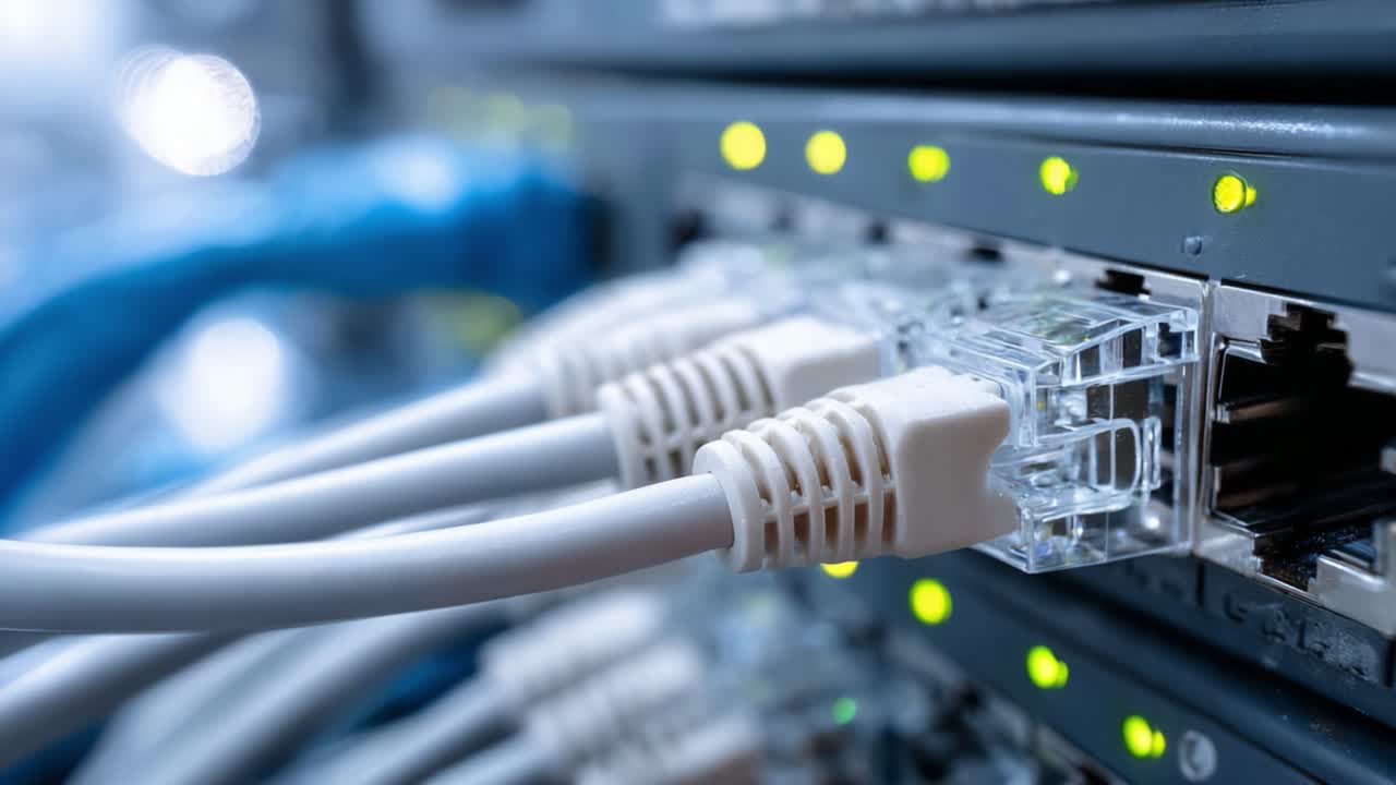 High-Definition Close-Up of Networking Equipment: Focus on Ethernet Connections and LED Indicators in a Data Center Environment