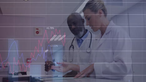 animation of multiple graphs with changing numbers over diverse doctors discussing patient x-ray