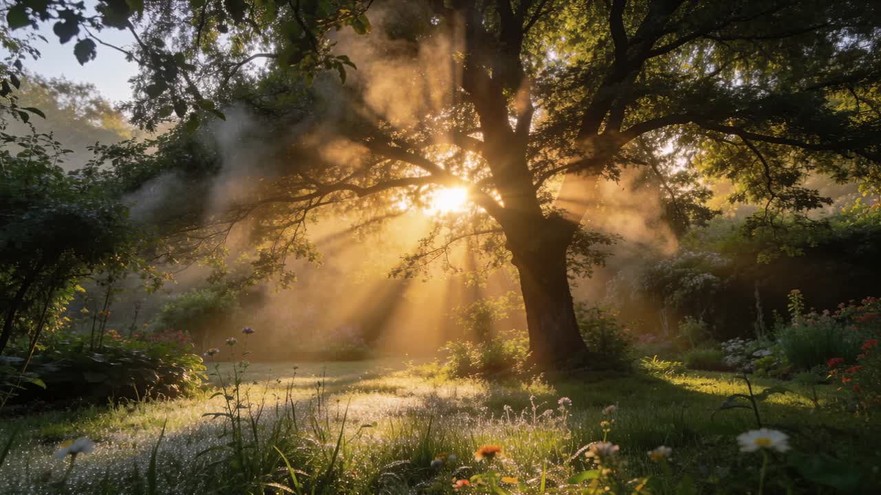 Sun rising behind tall tree in wooded glade, sending beams through mist onto dew grass wildflowers