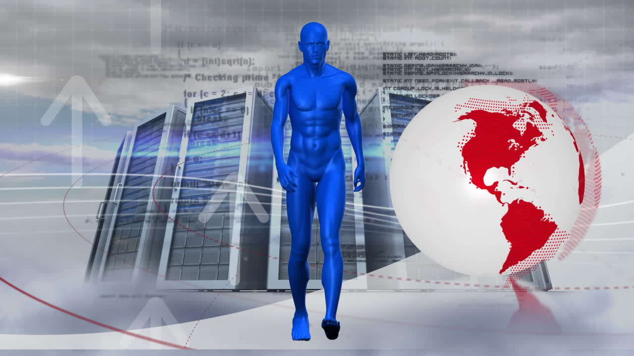 하늘의 구름에 대항하여 회전하는 지구와 컴퓨터 서버를  ⁇ 는 인간 모델