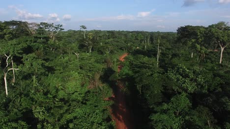 Camión-Todoterreno-4x4-Conduciendo-Por-Una-Carretera-Remota-En-La-Jungla,-En-Camerún,-áfrica---Vista-Aérea