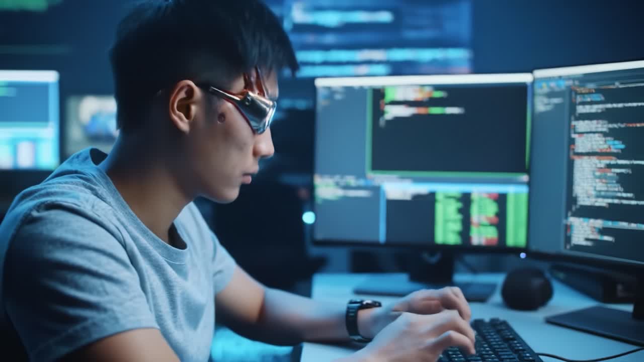 A focused young programmer works intensely at dual monitors, coding in a dark room filled with glowing screens, showcasing the blend of technology and human skill in a modern workspace