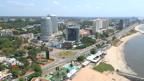 aerial view of beachfront hotels and coastal city of maputo in mozambique.