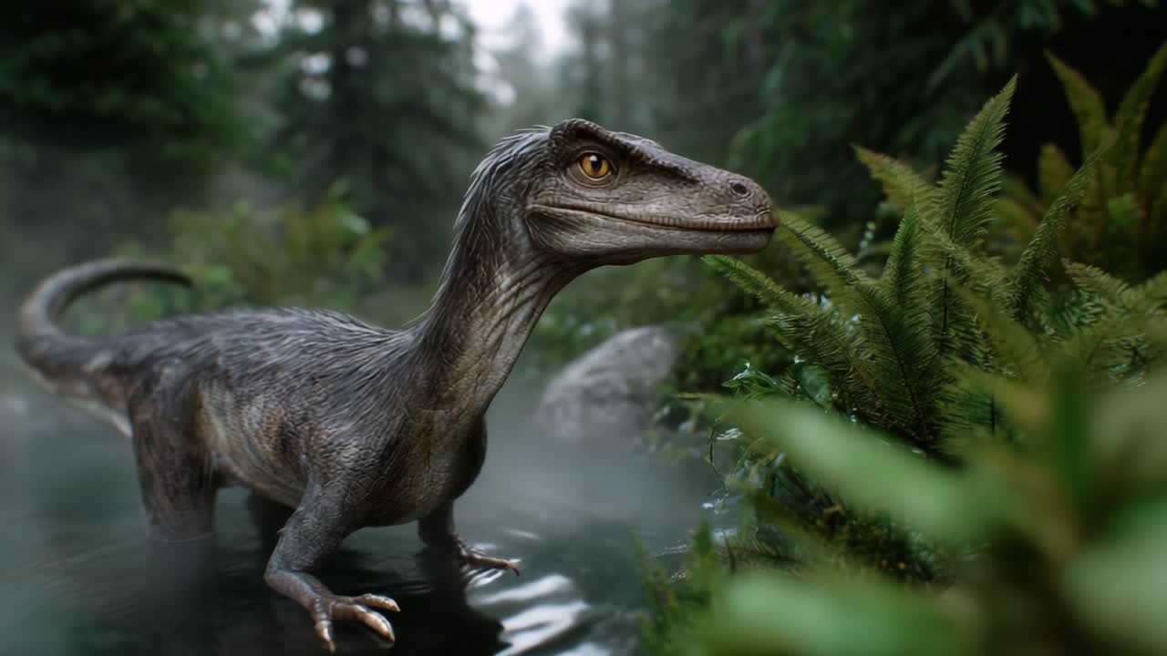 Una rappresentazione realistica di un Velociraptor in un lussureggiante ambiente forestale, circondato da vegetazione e nebbia fitta, che cattura la maestosa presenza dell'antica creatura.