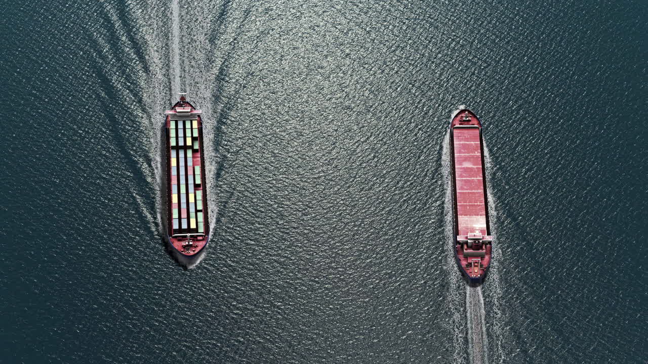 Aerial view of two cargo ships sailing on the open sea