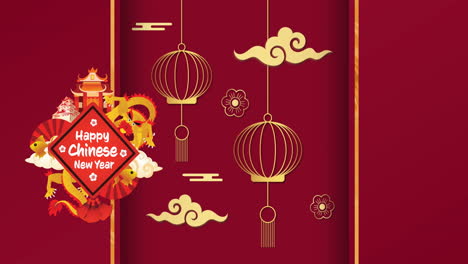 animación de felicitaciones de año nuevo texto y decoraciones tradicionales chinas en fondo rojo