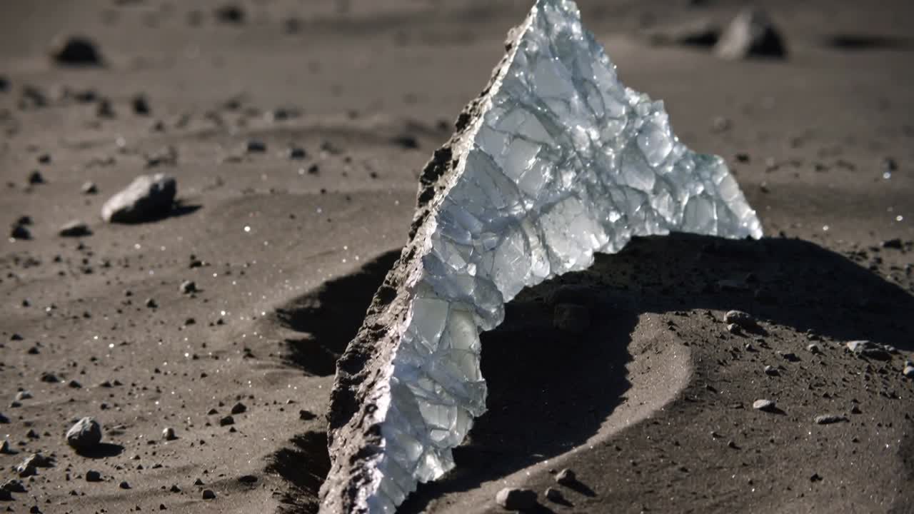 Sich nähernde Kamera senkt sich auf kristallinen Splitter auf dunklem Sand, enthüllt funkelnde Facetten