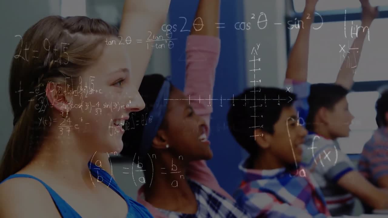 Mathematical equations against diverse students raising their hands in class at elementary school