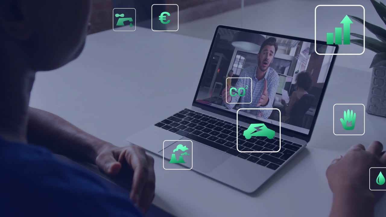 Woman joining sustainability call and causing green CO? water euro icons to float above laptop desk