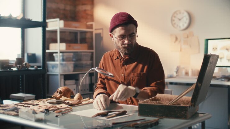 Archaeologist Analyzing Ancient Artifacts during Research in Laboratory