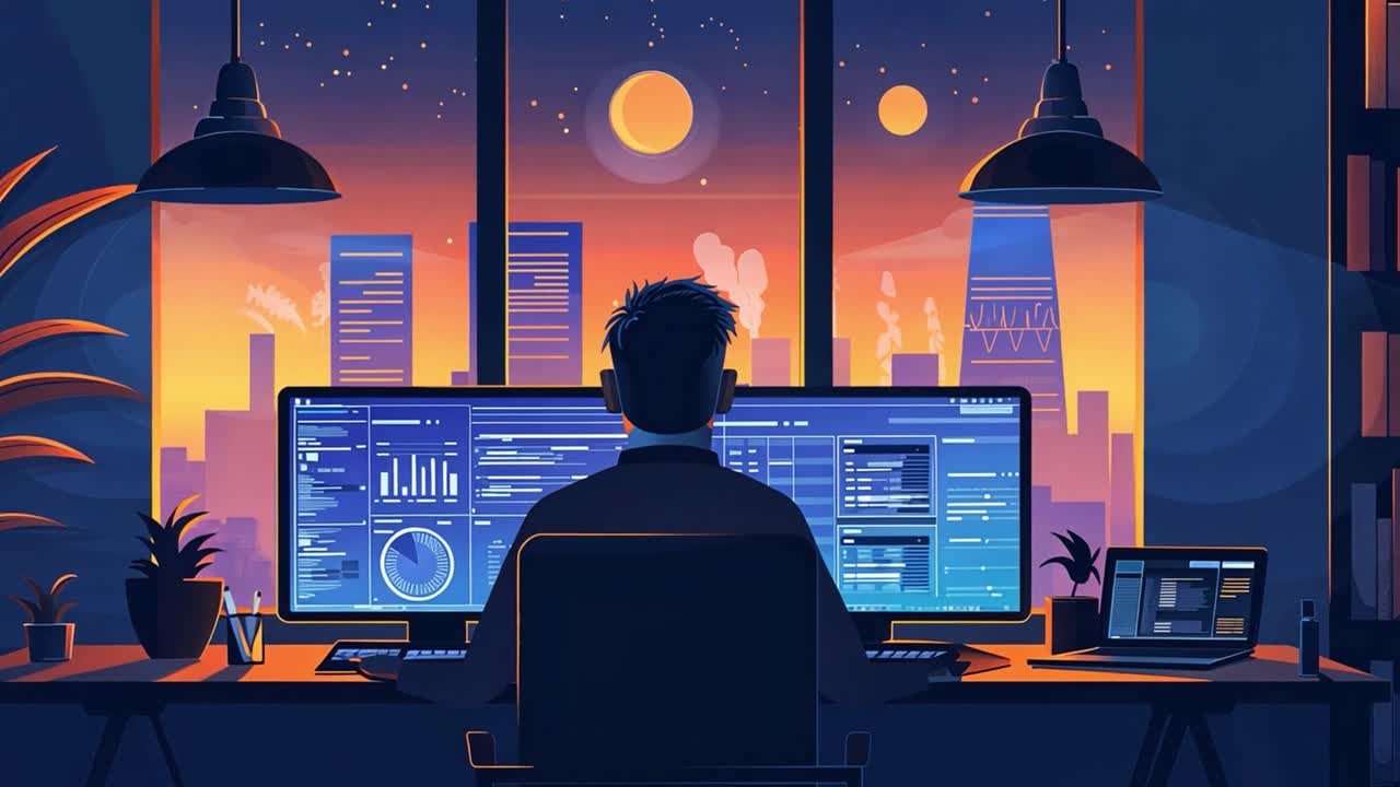 Developer working late in the city