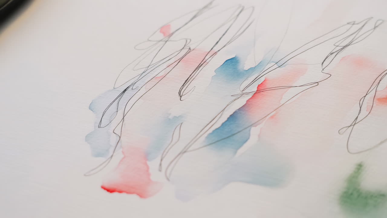 走り書きの線が特徴の、色鮮やかな抽象水彩画
