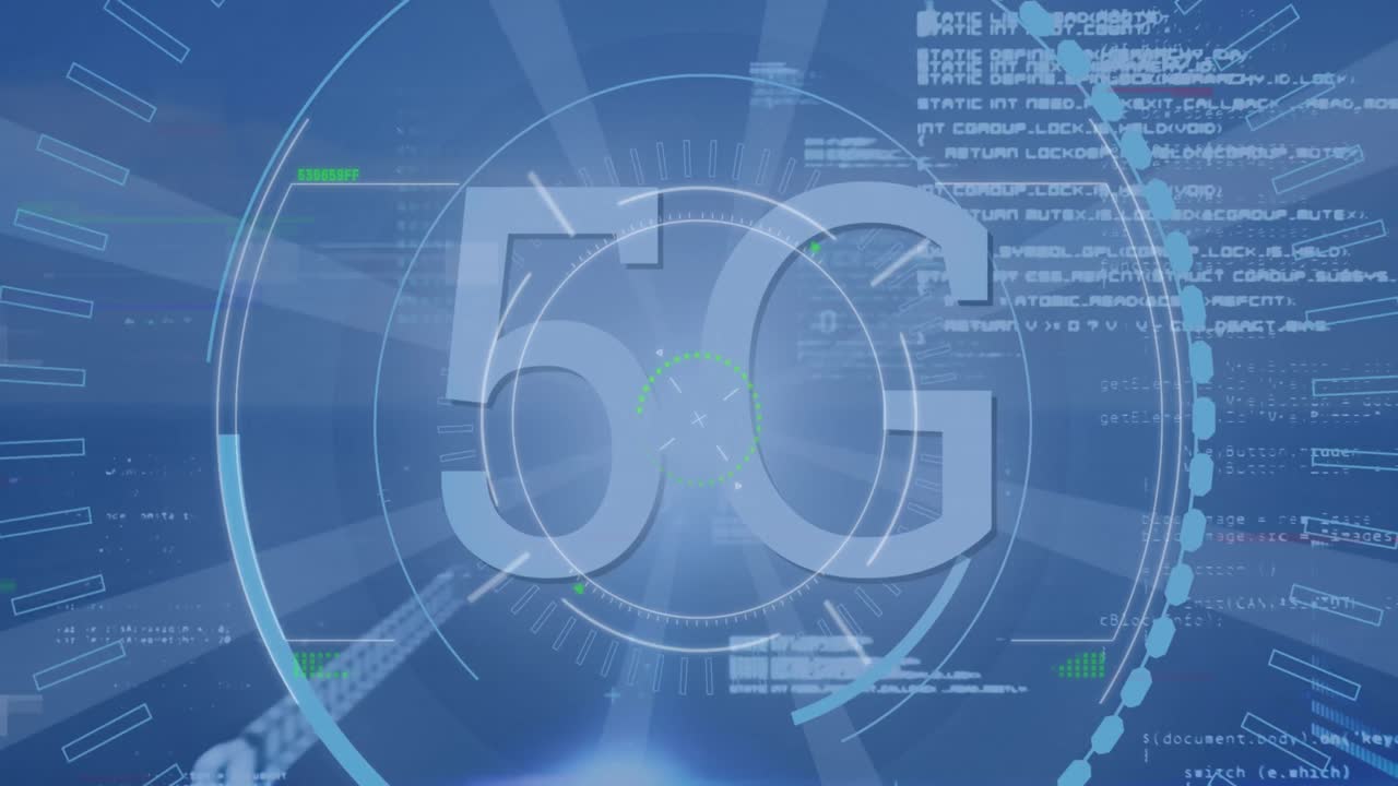 animazione di testo 5g in cerchi su linguaggio informatico su sfondo blu