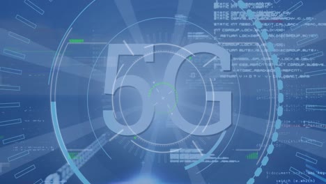 Animation-of-5g-text-in-circles-over-computer-language-against-blue-background