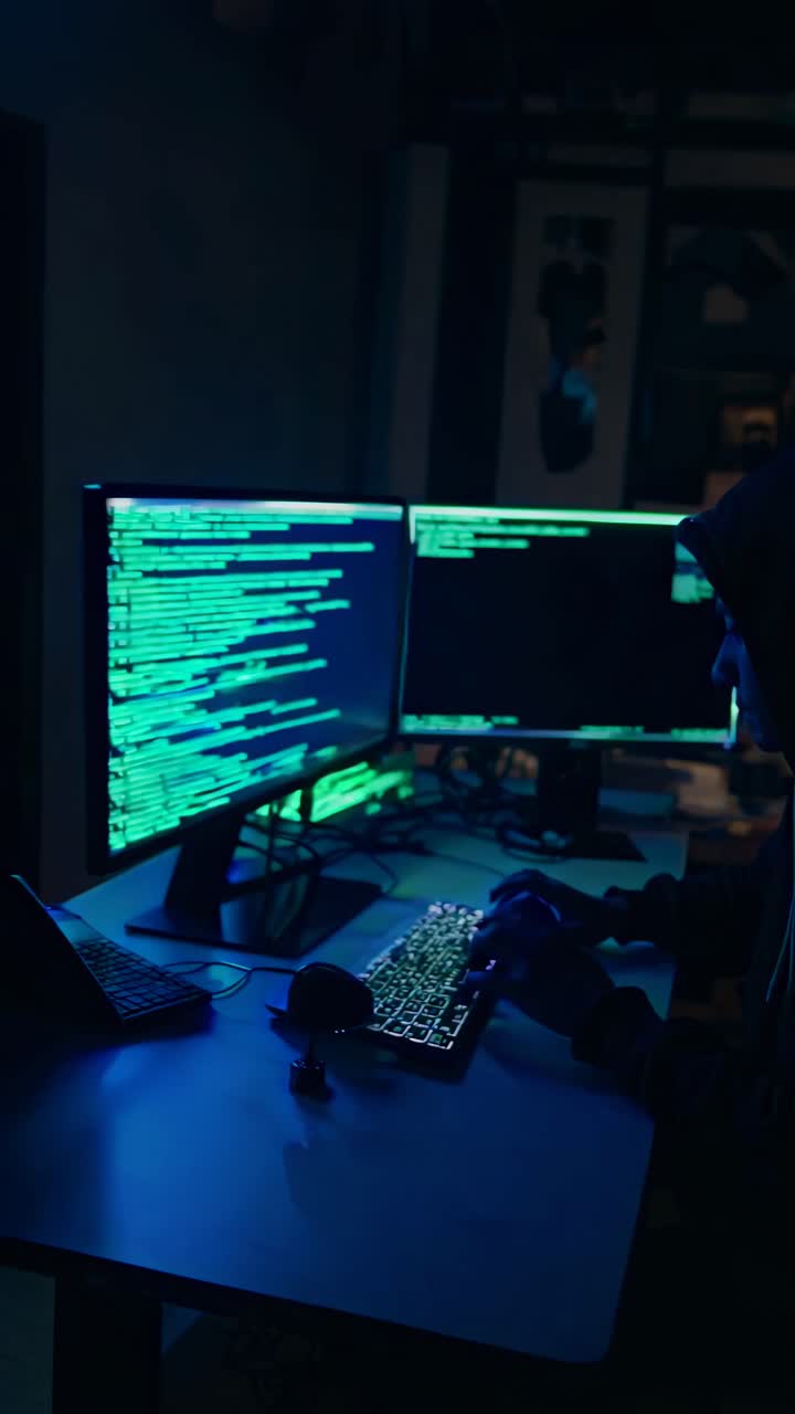 A hacker in a dark room, typing on a keyboard with green code on dual monitors