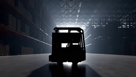 Autonomous Robot Silhouette in a Dark Warehouse
