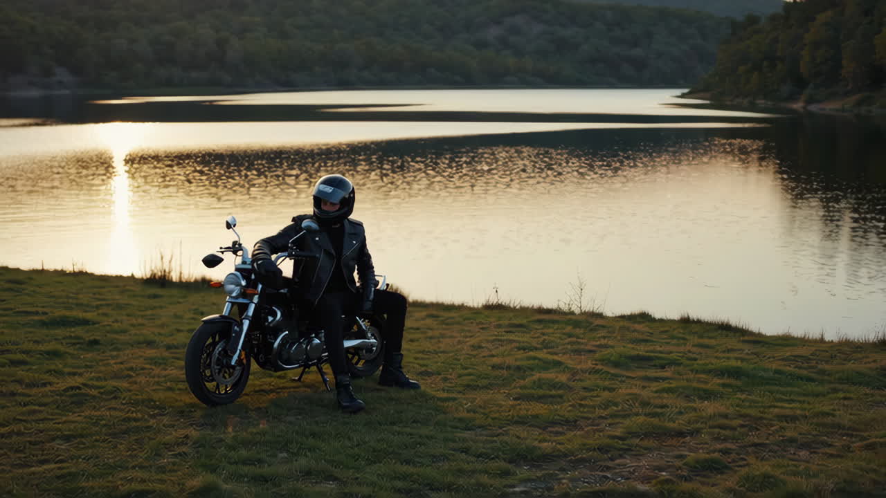 A motorcyclist next to a lake