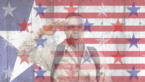 animation of stars coloured in american flag and soldier saluting over american flag