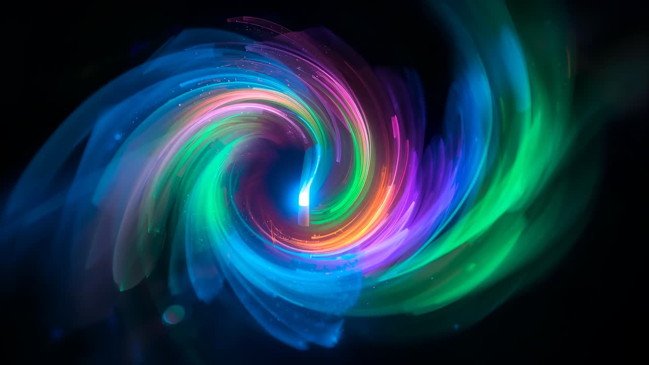 Animation starting vortex rotating clockwise around core in dark void, creating tunnel with ribbons