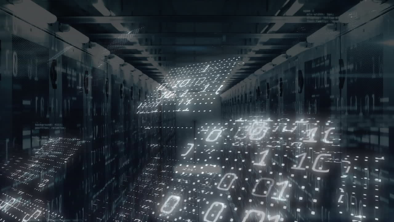 Binary code animation over data center servers in futuristic hallway