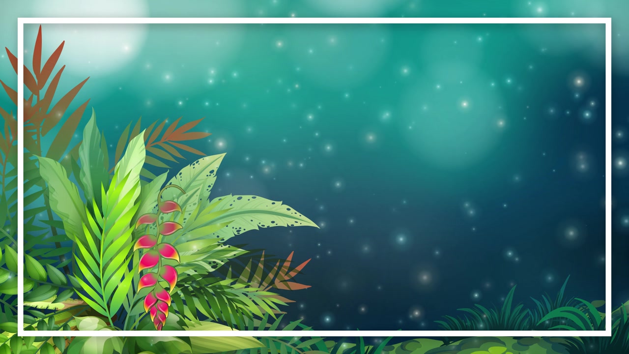 Borda animada de folhagem tropical com partículas de poeira brilhantes subindo contra um fundo bokeh azul-petróleo.