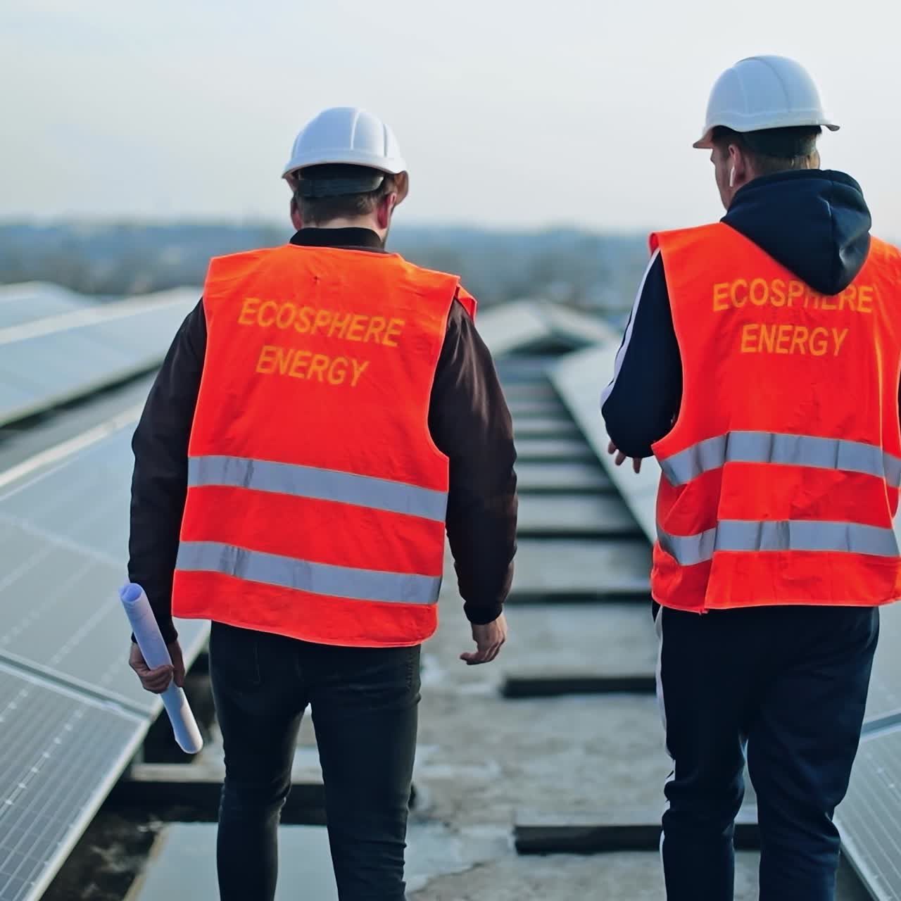 Alternative green energy on the solar station. Backside view of two workers on the electricity farm. Technicians in protective uniform and helmets.