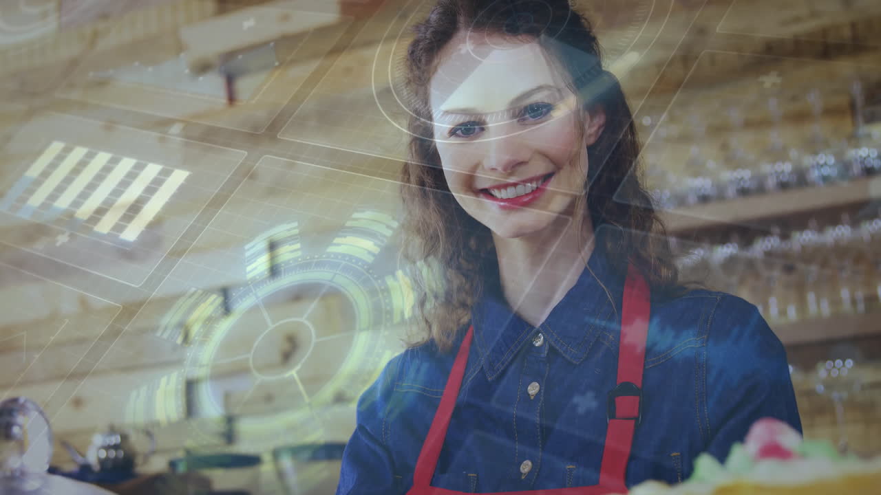 Woman preparing pastry in cafe, showcasing animated data panels and cake details