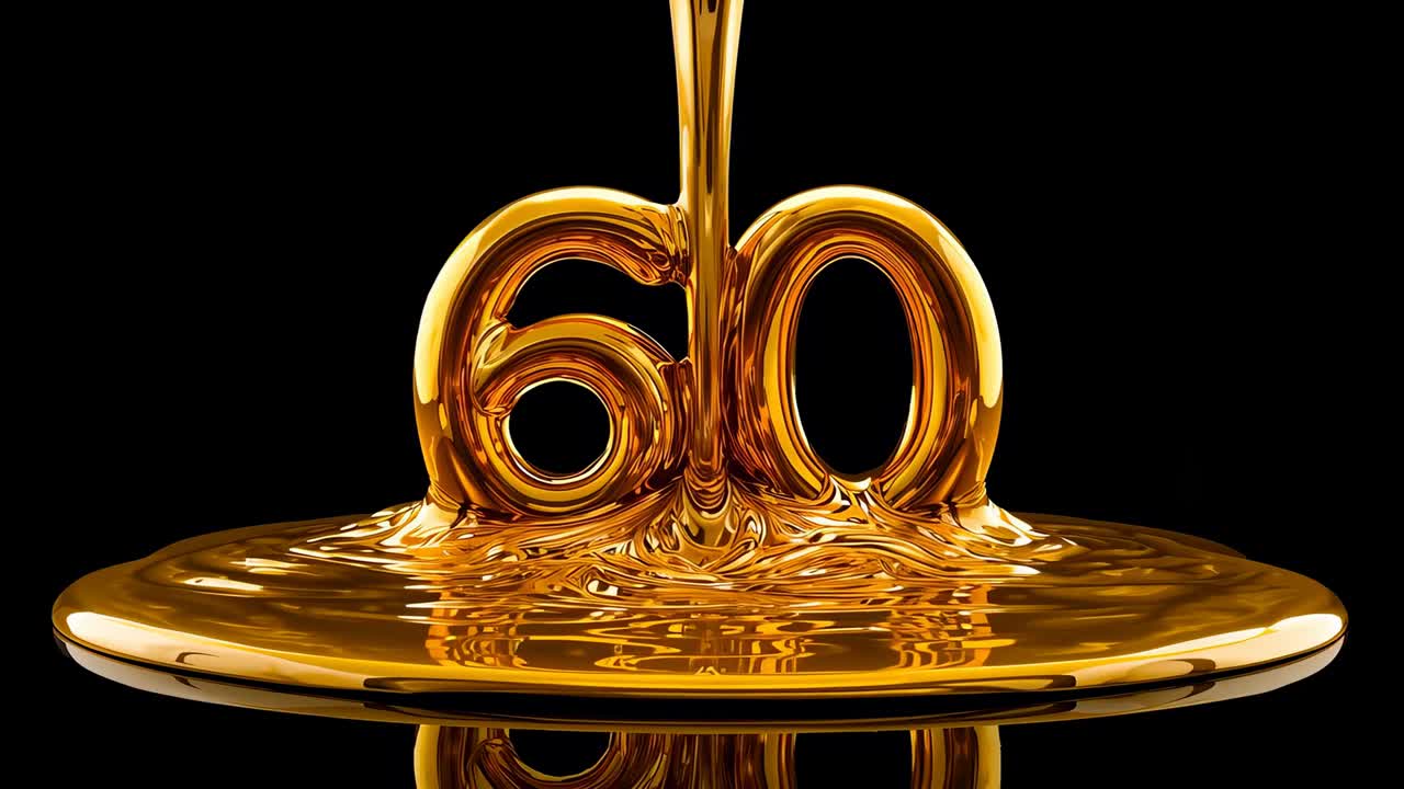 Pouring golden liquid forming linked numerals 6 and 0 on circular mirror platform, marking sixtieth