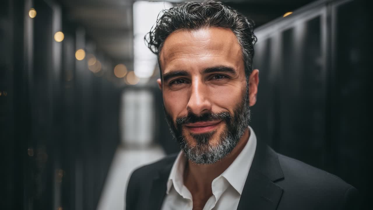 Confident Businessman Posing in Modern Office Corridor, Showcasing Professionalism and Charisma for Corporate Environment Imagery