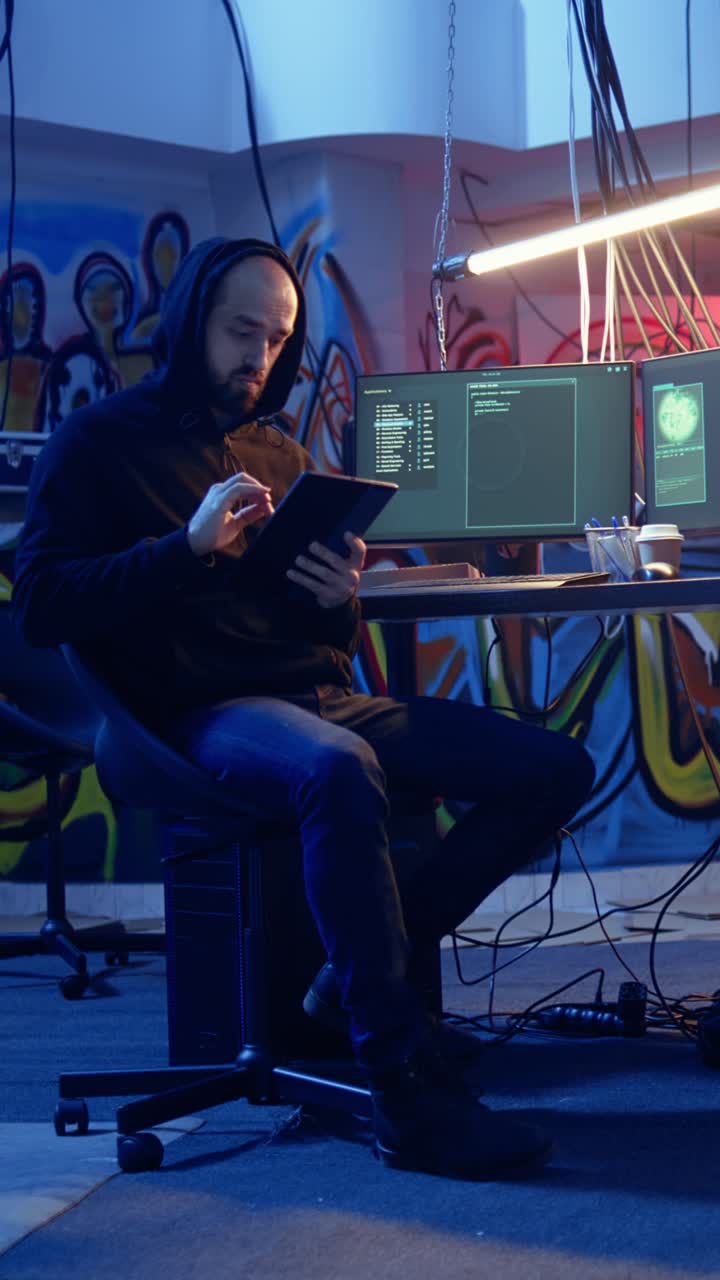 Vertical video Man arriving in underground bunker, using tablet to steal governmental secrets