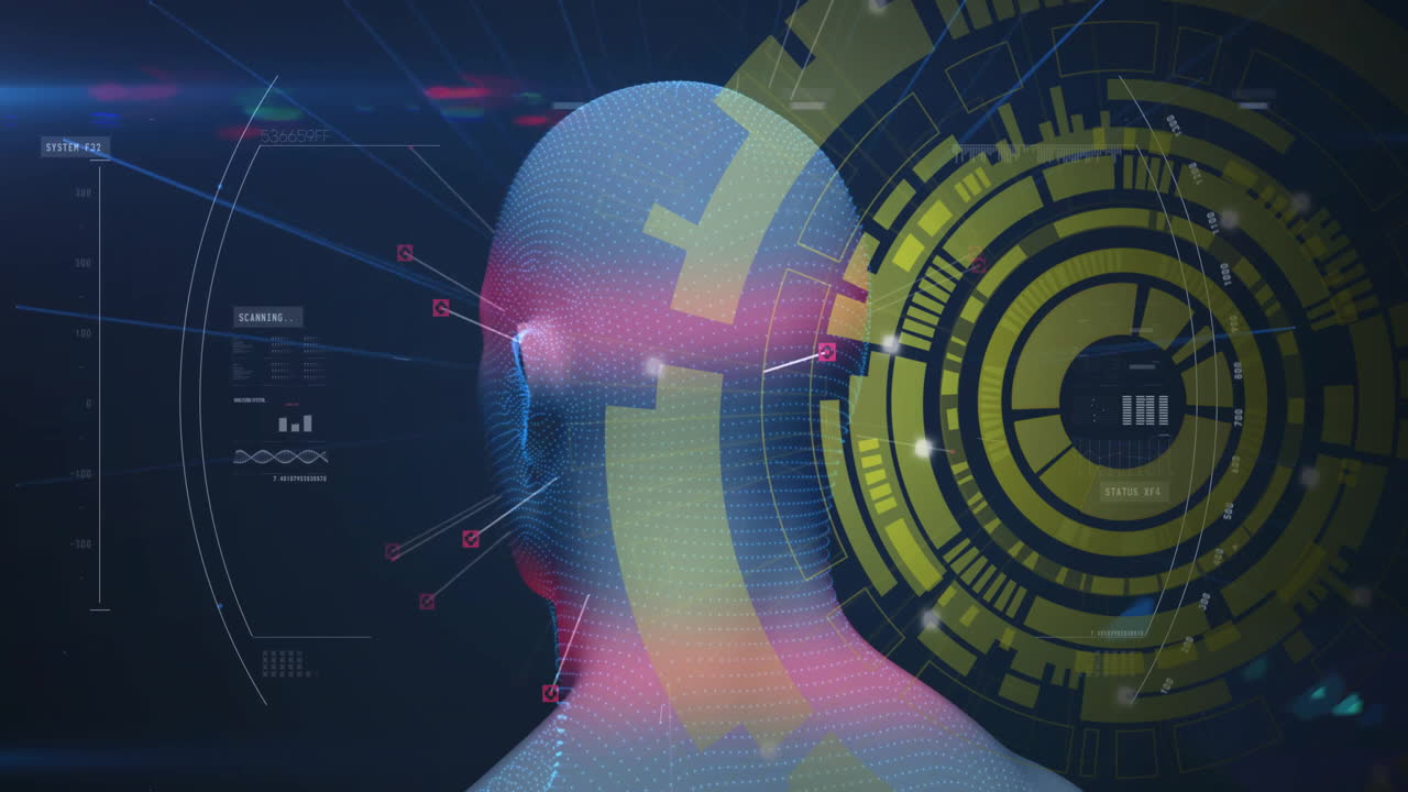 3D head silhouette being visualized with dotted hues while UI elements processing biometric data