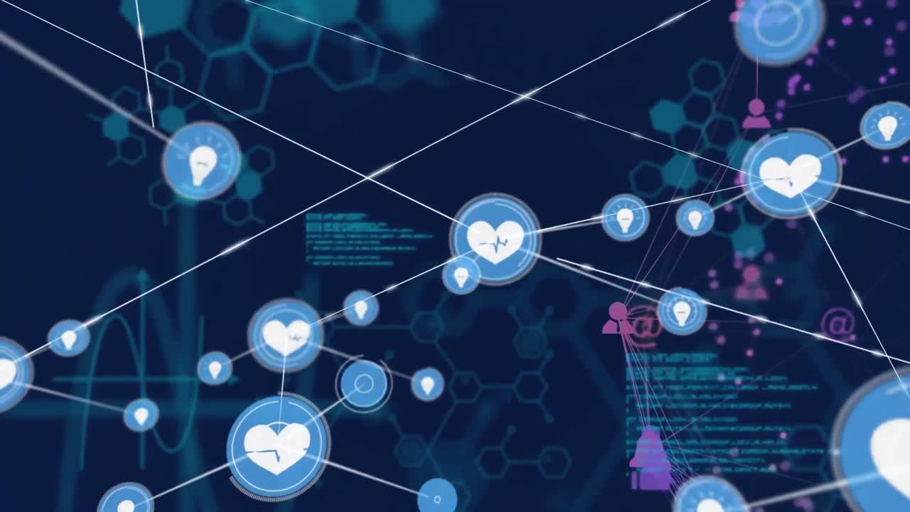 어두운 배경에 데이터 처리를 통해 소셜 미디어 네트워크와 사람 아이콘의 애니메이션