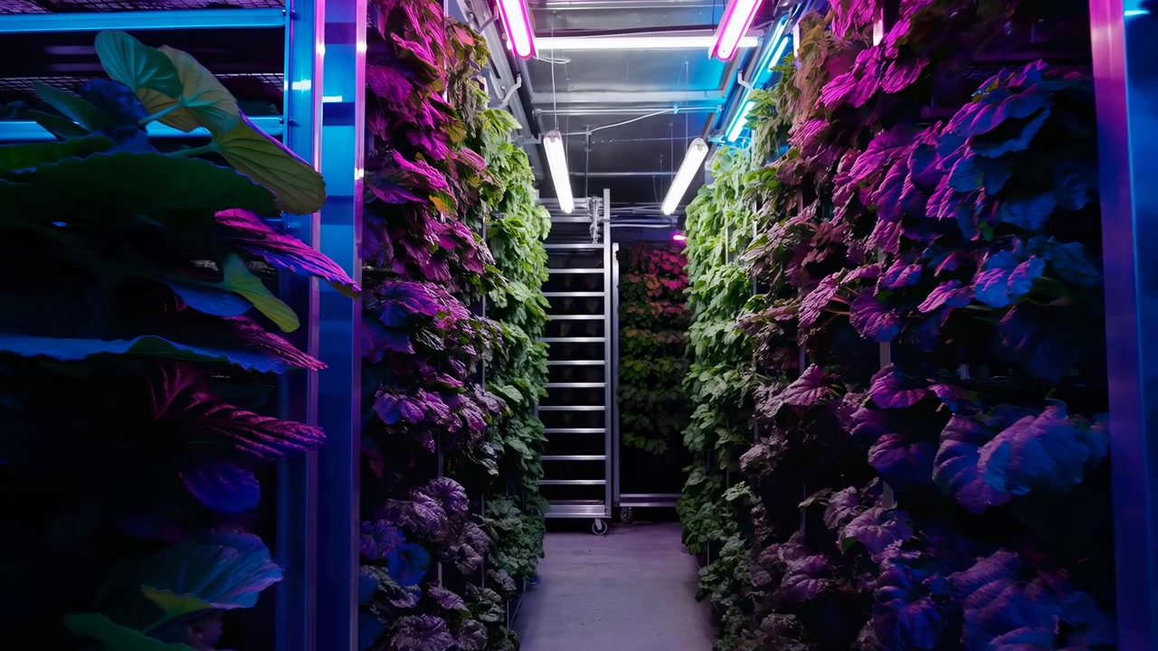 Un allestimento moderno di fattoria verticale indoor con piante illuminate da luci LED, ripreso da una vista laterale. La scena è ambientata in un ambiente urbano con uno sfondo pulito e blu e verde acqua.