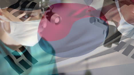 animación de la bandera de corea del sur ondeando sobre los cirujanos en el quirófano