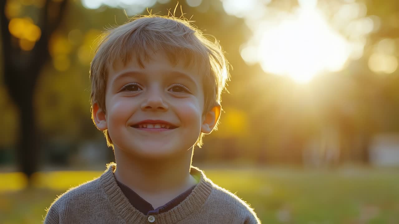 Um close-up em nível dos olhos de uma criança sorrindo em um parque ensolarado, capturando um momento caloroso e alegre
