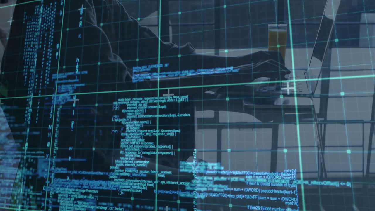 woman typing on laptop in office, showcasing technology data streams with orange juice glass