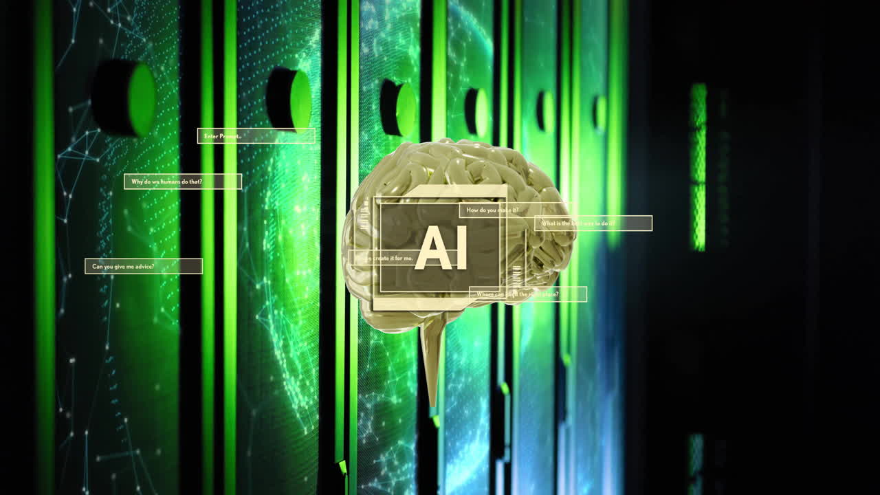 AI brain animation over green server racks with digital data visualization