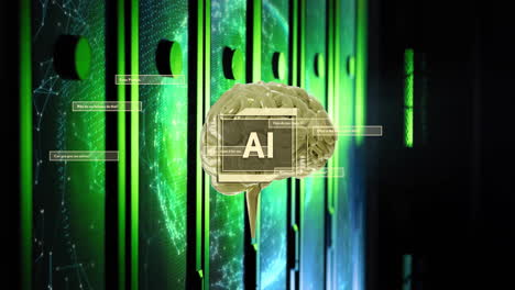 animación cerebral sobre bastidores de servidores verdes con visualización de datos digitales