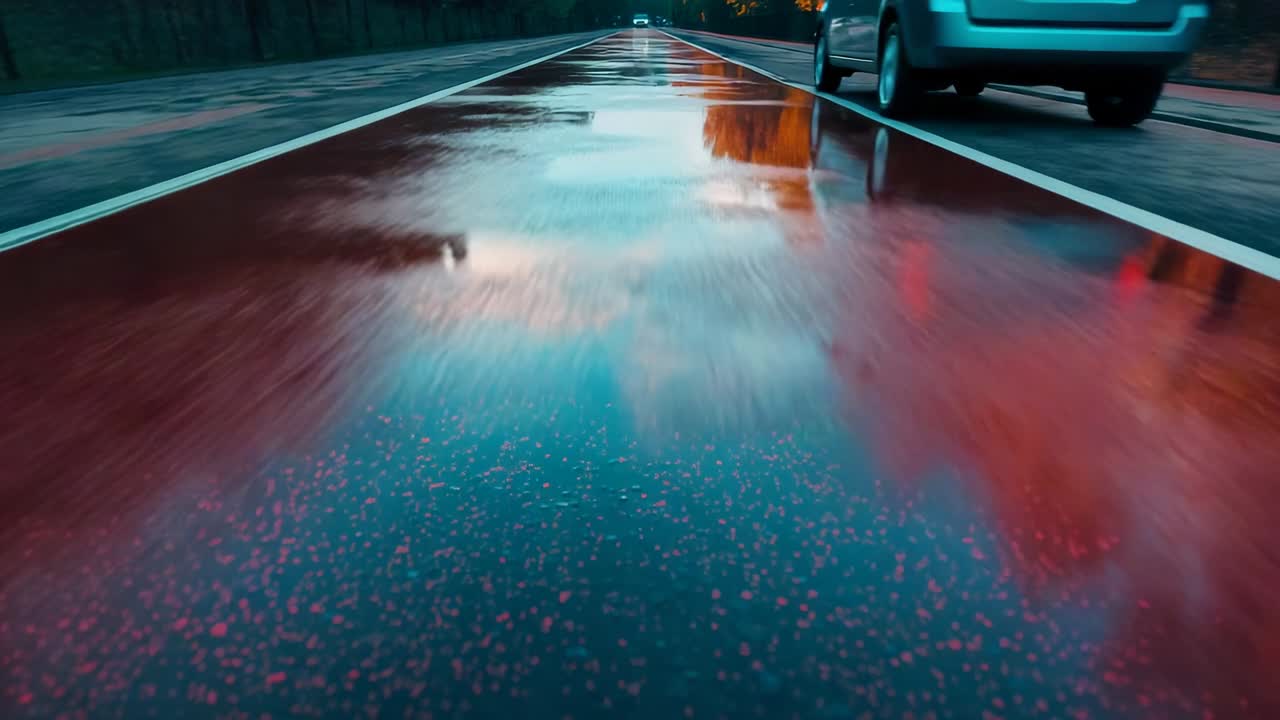 Entering silver hatchback moving across reflective red-paved road after ripples fading copy space