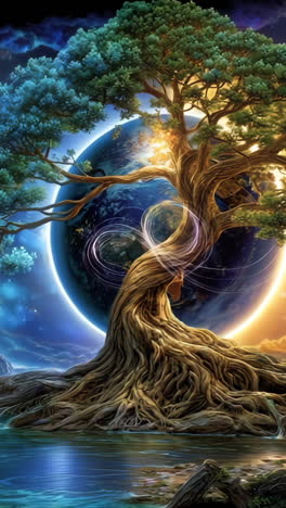 majestic tree in a cosmic landscape. a vibrant tree is at the center of a cosmic scene with colorful celestial elements and a calm water body.
