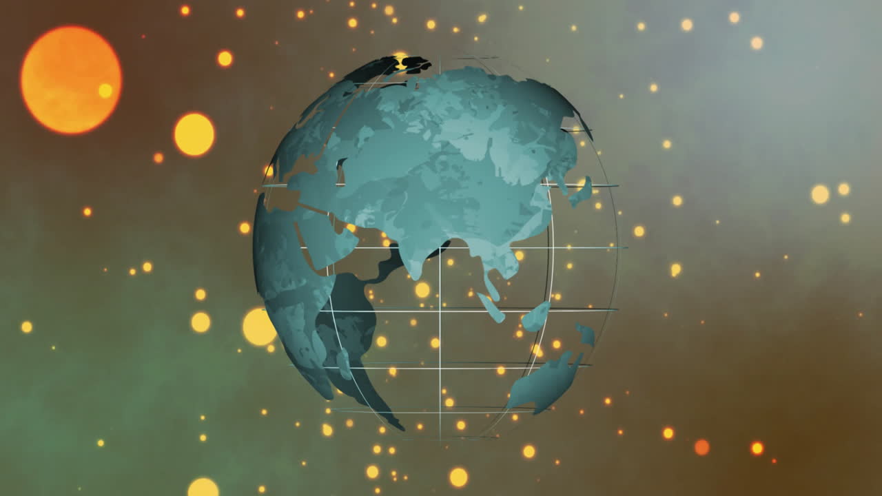 Animation of rotating globe with glowing particles and grid lines on background
