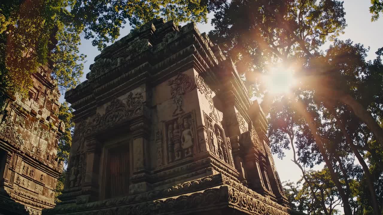 Low-angle video shot of ancient temple ruins surrounded by tall trees, capturing the sunlight