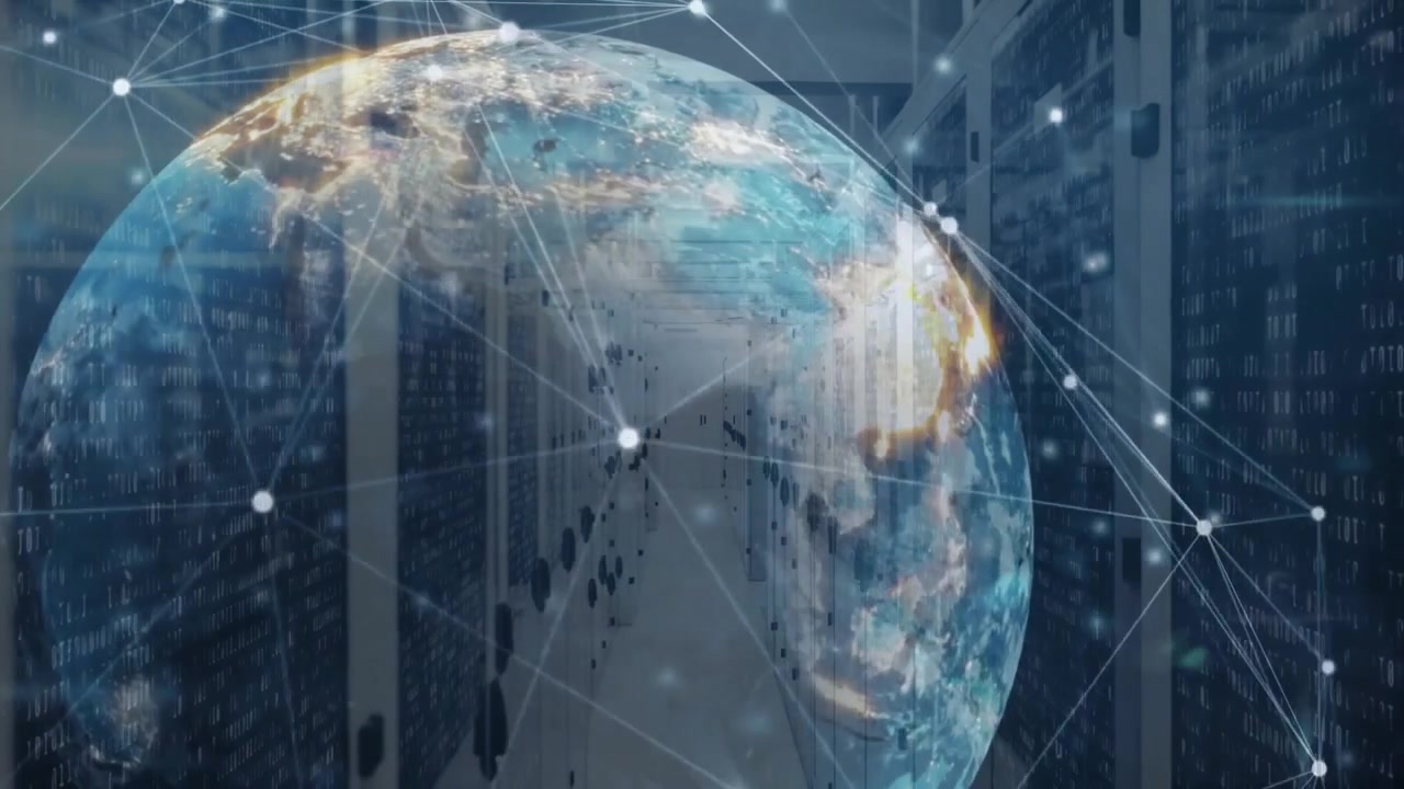 On start, translucent 3D globe rotating slowly showing nodes forming network for global data flow