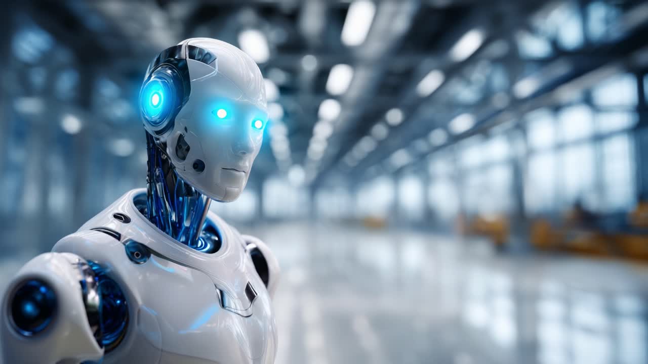 Modern, yüksek teknolojili bir ortamda gelişmiş teknolojiyi sergileyen, şık bir design’a ve ışıldayan özelliklere sahip fütüristik insansı robot